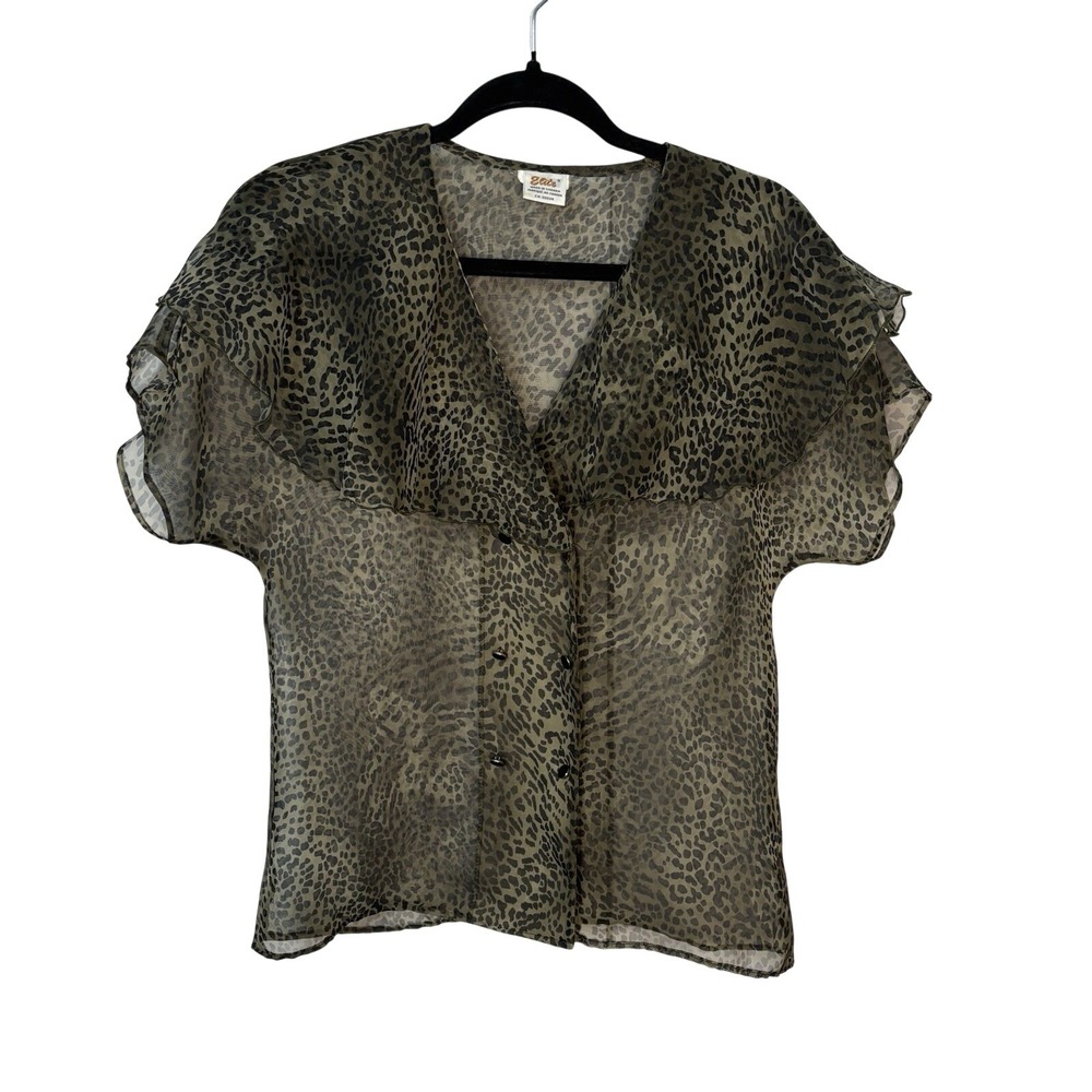 Vintage Elite Animal Print Oversized Collar Sheer Top Womens 8 Y2K Green 90s